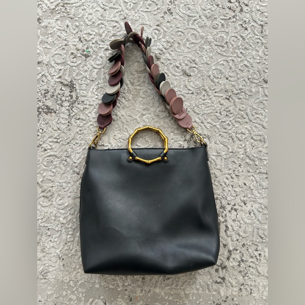 Black Leather Tote Bag with Gold Accents